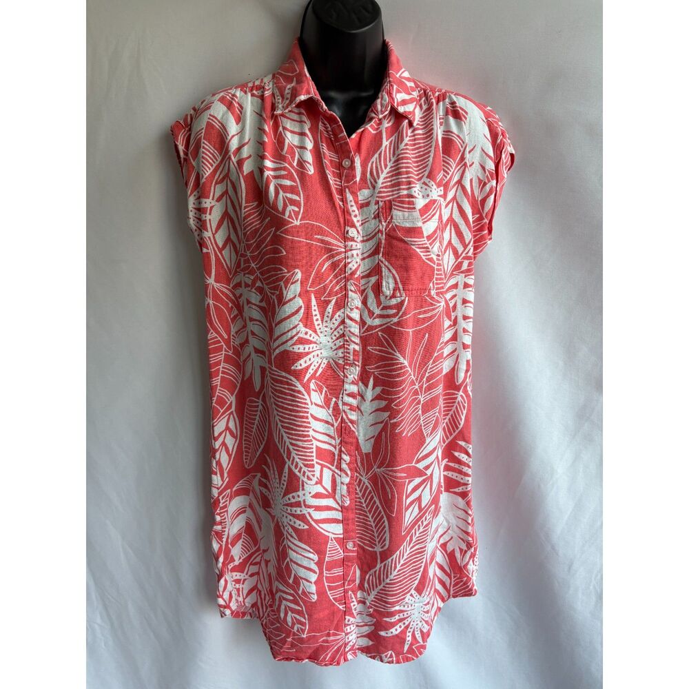 Old Navy Linen Botanical Short Sleeve Shirt Dress S Petite Button Front Salmon